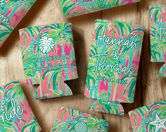 Palm Tree Cozies Preppy Wedding Favor Pink and Green Cozies Slim Seltzer Cozies Standard Can Cooler  Birthday Wedding Bachelorette or Event