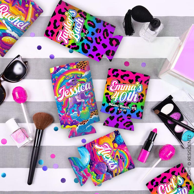 May include: A collection of colorful drink koozies with personalized text for events. Designs include rainbow, unicorn, and leopard print patterns. Accessories like sunglasses, makeup, and lollipops are also present.