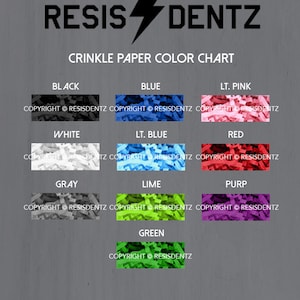 K&ouml;nnte beinhalten: Farbkarte mit verschiedenen Farben von Knisterpapier. Die Farben sind Schwarz, Wei&szlig;, Grau, Blau, Hellblau, Rot, Hellrosa, Limettengr&uuml;n, Gr&uuml;n und Lila. Der Text "RESISDENTZ" und "CRINKLE PAPER COLOR CHART" befindet sich oben auf der Karte. Der Text "COPYRIGHT &copy; RESISDENTZ" befindet sich unten auf jedem Farbfeld.