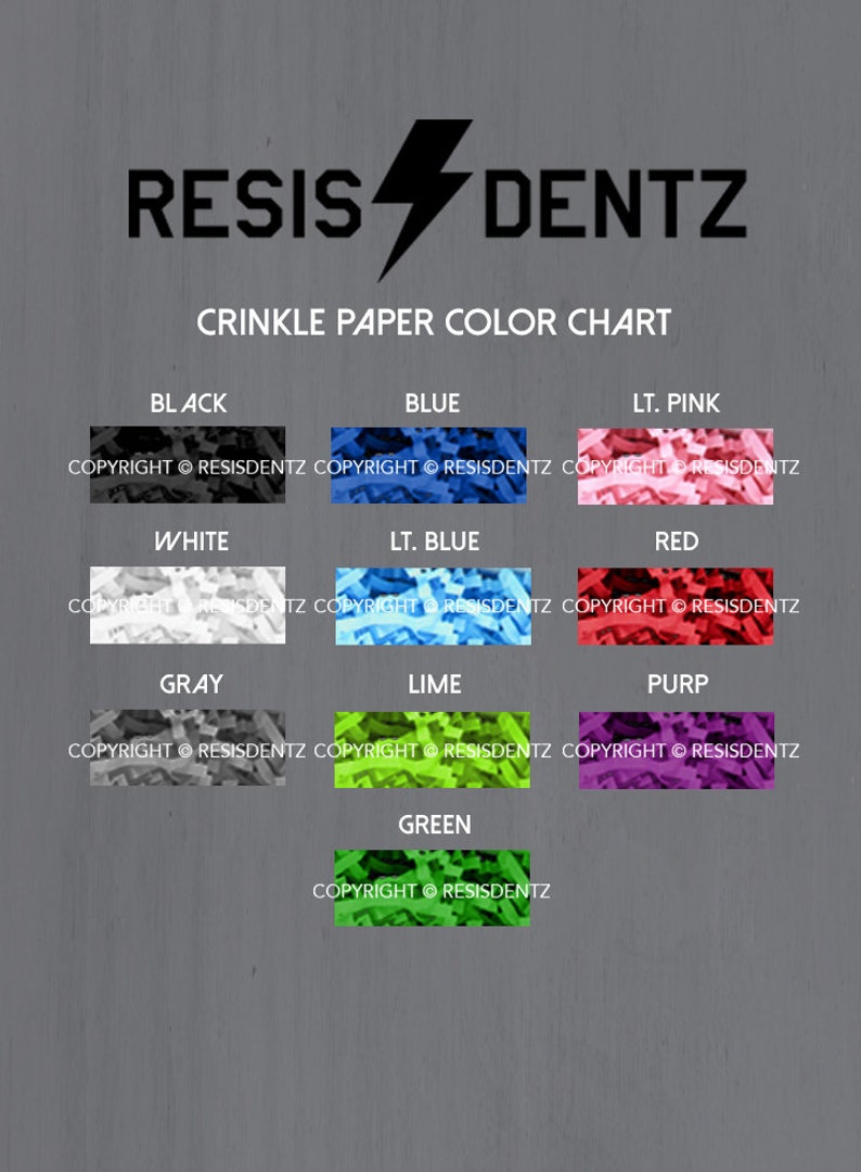 K&ouml;nnte beinhalten: Farbkarte mit verschiedenen Farben von Knisterpapier. Die Farben sind Schwarz, Wei&szlig;, Grau, Blau, Hellblau, Rot, Hellrosa, Limettengr&uuml;n, Gr&uuml;n und Lila. Der Text "RESISDENTZ" und "CRINKLE PAPER COLOR CHART" befindet sich oben auf der Karte. Der Text "COPYRIGHT &copy; RESISDENTZ" befindet sich unten auf jedem Farbfeld.