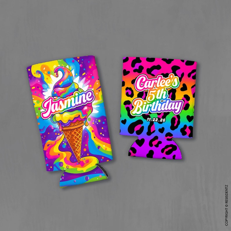 May include: Two colorful can coolers. One features an ice cream cone with the name "Jasmine" in a psychedelic design. The other has a leopard print background with the text "Carlee's 5th Birthday" and the date.