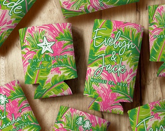 Lime Green Pink Custom Cozie Party Favors - Southern Preppy Coastal Tropical Wedding and Bachelorette - Personalized Slim & Standard Cozies