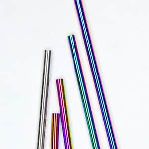 May include: Four stainless steel drinking straws, three with a rainbow iridescent finish and one silver. The straws are arranged in a triangle shape on a white background.