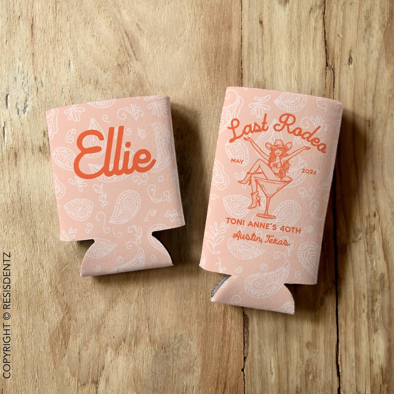 Personalized Last Rodeo bachelorette can cozies featuring a Western-themed design with a paisley background and a cowgirl in a martini glass. Customizable with names, event details, and available in multiple colors. Designed for slim and standard 12oz cans, these insulated drink holders are perfect for bachelorette parties, birthdays, and country music festivals.