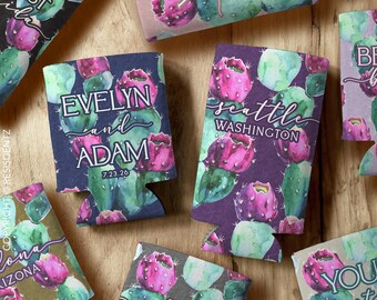 Personalized Cactus Can Cooler - Custom Wedding Favor - Desert Bachelorette Party Cozie - Bridal Shower Favor - Slim and Standard Can Sizes