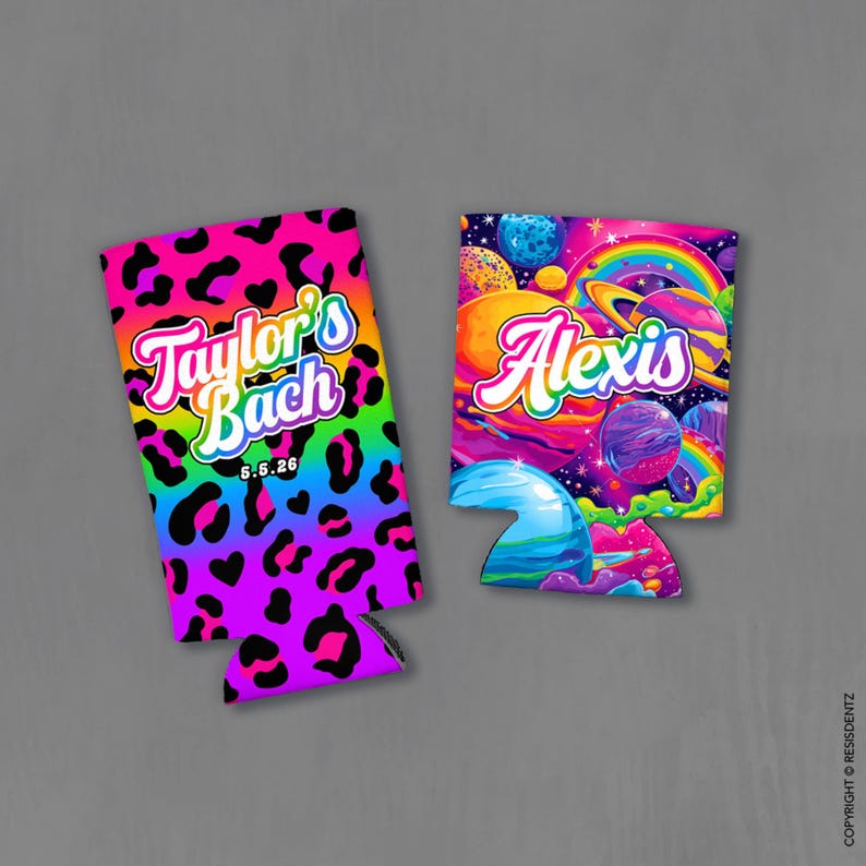 May include: Two can coolers. One features a neon leopard print with the text "Taylor's Bach" and the date "5.5.26". The other has a colorful space-themed design with the name "Alexis" in a rainbow font.