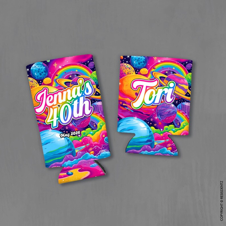 May include: Two colorful can coolers with a vibrant space-themed design. One cooler reads "Jenna's 40th May 2026" and the other says "Tori". The coolers feature planets, rainbows, and a bright color palette of pink, blue, yellow, and orange.