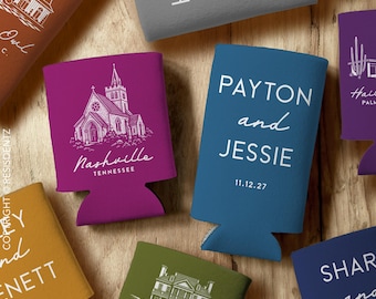 Custom Venue Illustration Wedding or Event Favors - Can Coolers Slim and Standard Size