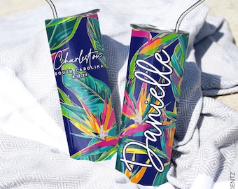 Personalized Bird of Paradise Custom Bridesmaid Tumblers for Tropical Bachelorette Trip for Birthday Favors - Gift Box Tumblers with Lid