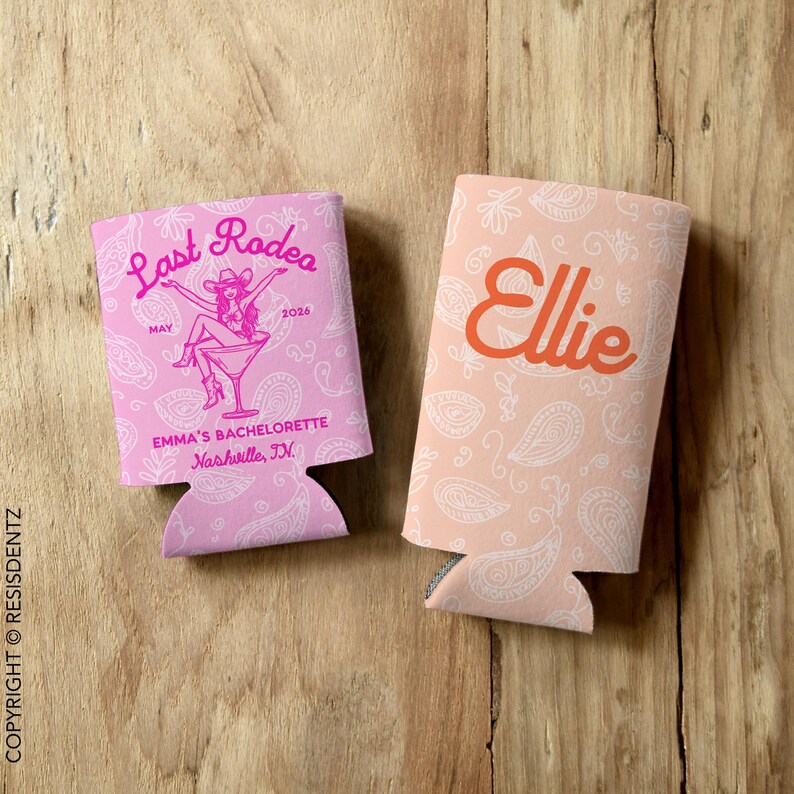 Personalized Last Rodeo bachelorette can cozies featuring a Western-themed design with a paisley background and a cowgirl in a martini glass. Customizable with names, event details, and available in multiple colors. Designed for slim and standard 12oz cans, these insulated drink holders are perfect for bachelorette parties, birthdays, and country music festivals.