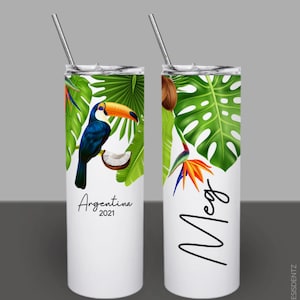 Toucan Bird of Paradise Tropical Coconut Palm Leaf Tumblers, Personalized 20oz Skinny Custom Tumbler, Birthday Tumblers, Bridesmaid Gift Cup