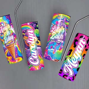 May include: Four colorful insulated tumblers with various designs and text. One features an ice cream cone and the text "Amy's 5th Bday". Another has a space theme with the name "Carolyn". A third has a unicorn and the text "Lilly's Bach". The last has a leopard print and the name "Megan".