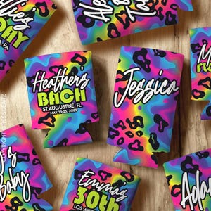 Neon Leopard Personalized Cozies, Retro 80s 90s Bachelorette Favors, Custom Party Favor Drink Can Coolers, Rainbow Birthday or Girls Trip