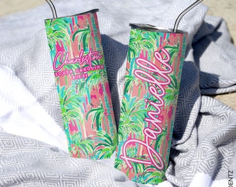 Personalizowane kubki Preppy Tropical Palm Tree Tumblers 20 oz - Elegancki różowy, brzoskwiniowy, zielony, turkusowy Kubki izolowane ze stali nierdzewnej na imprezy i prezenty