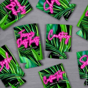 Leafy Palm Neon Custom Text Can Coolers for Bachelorette Party Favors for Birthday Cozies Slim and Standard Size Cozies for Seltzers