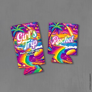 May include: Two colorful can coolers with a vibrant design. One says "Girl's Trip, Palm Springs, CA, May 2026" and the other says "Rachel". The design features a rainbow, palm trees, and a sunset.