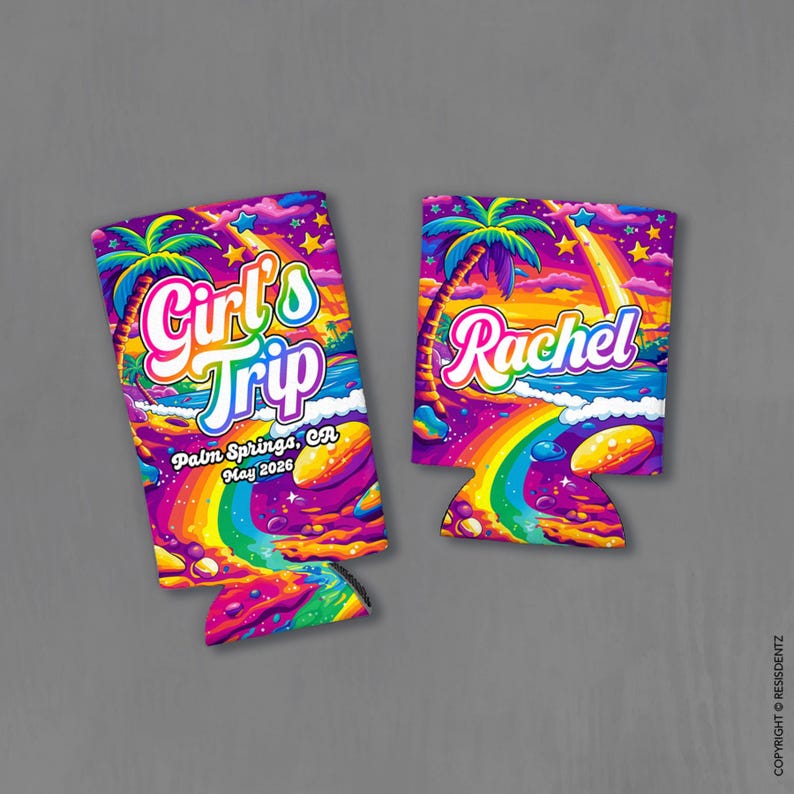 May include: Two colorful can coolers with a vibrant design. One says "Girl's Trip, Palm Springs, CA, May 2026" and the other says "Rachel". The design features a rainbow, palm trees, and a sunset.