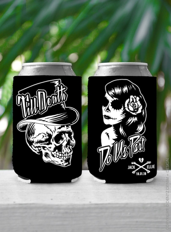 Halloween Wedding, Custom Can Cooler, Wedding Favor, Till Death Do Us Part , Halloween Wedding Favor, Gothic Wedding Favor, Beer Can Holder