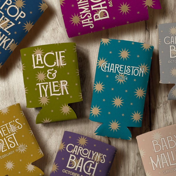 Festive Celestial Wedding Cozies - Bohemian Slim and Standard Can Coolers - Jewel Toned Event Favors - Personalized Drink Cozies