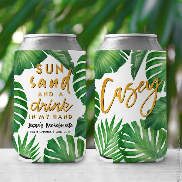 Custom Bachelorette Party Can Cooler, Palm Leaf Drinkware