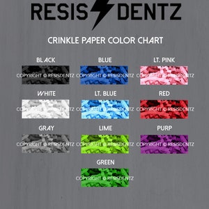 May include: Color chart showing different colors of crinkle paper. The colors are black, white, gray, blue, light blue, red, light pink, lime green, green, and purple. The text "RESISDENTZ" and "CRINKLE PAPER COLOR CHART" is at the top of the chart. The text "COPYRIGHT &copy; RESISDENTZ" is at the bottom of each color swatch.