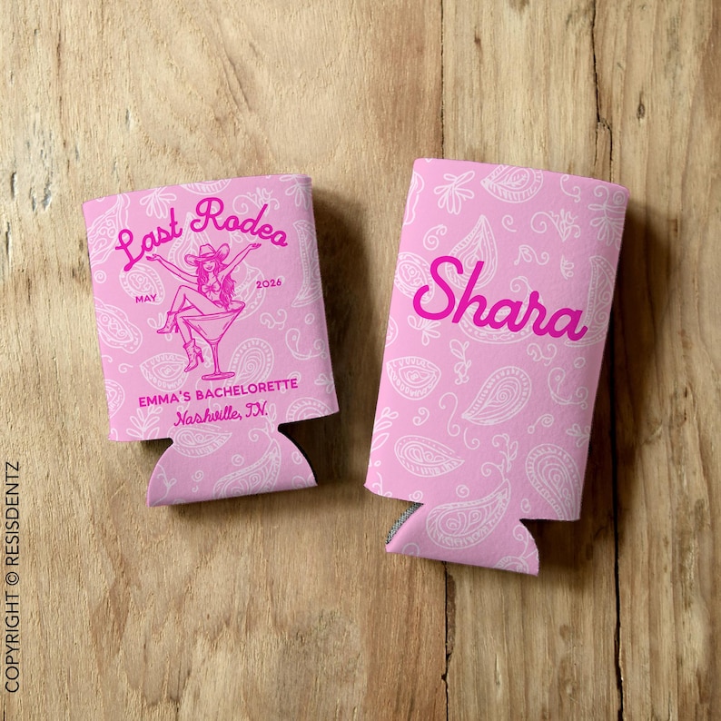 Personalized Last Rodeo bachelorette can cozies featuring a Western-themed design with a paisley background and a cowgirl in a martini glass. Customizable with names, event details, and available in multiple colors. Designed for slim and standard 12oz cans, these insulated drink holders are perfect for bachelorette parties, birthdays, and country music festivals.