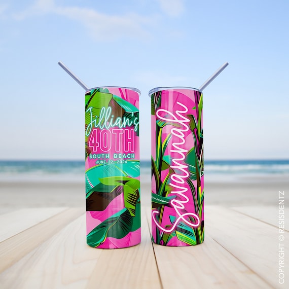 Custom Tropical Palms Aqua and Pink Tumblers 20 oz - Stainless Steel Insulated Cups for Bachelorette Parties & Event Gifts