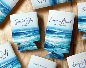 Coastal Beach Can Cooler: Custom Wedding and Bachelorette Favors
