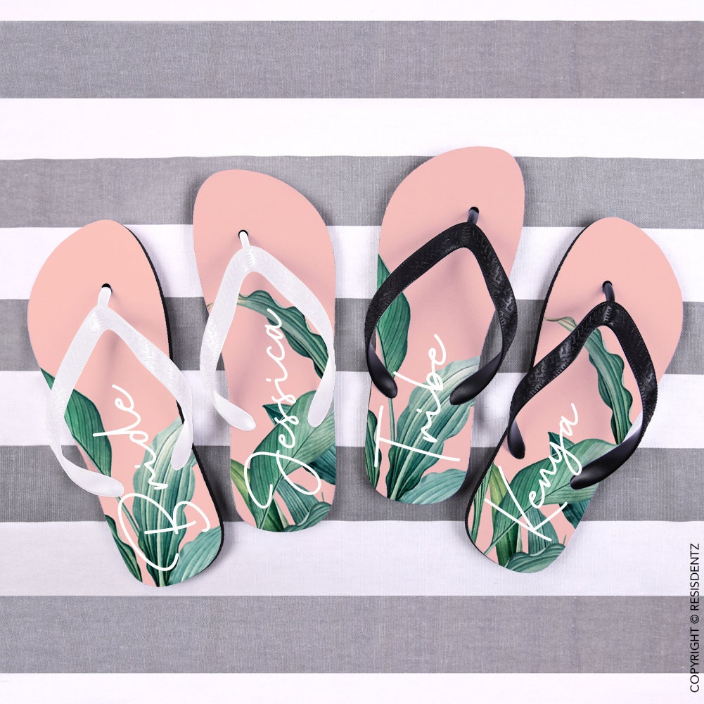 Discover Custom Pale Pink Background Palm Leaf Flip Flops, Bride Bridesmaid Flip Flops