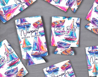 Coastal Wedding Sailboat Cozie Party Favors - Slim and Standard Can Coolers