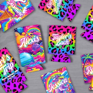 May include: A collection of colorful drink koozies with personalized text and vibrant designs. The koozies feature names like "Alexis," "Jasmine," and "Jessica," along with phrases like "Girl's Trip" and "Taylor's Bach." The designs include a unicorn, planets, and leopard print.