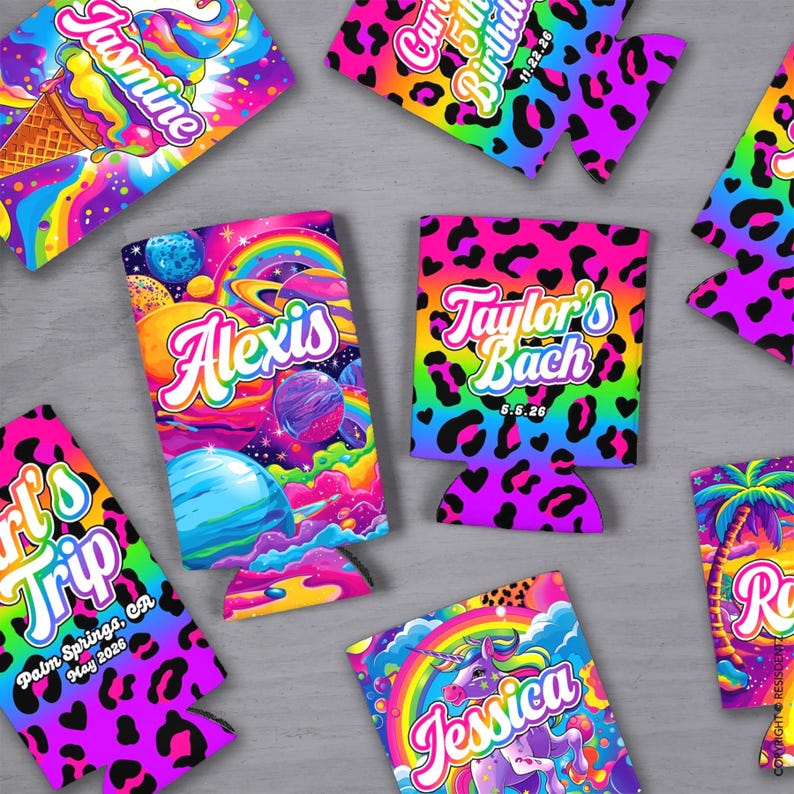 May include: A collection of colorful drink koozies with personalized text and vibrant designs. The koozies feature names like "Alexis," "Jasmine," and "Jessica," along with phrases like "Girl's Trip" and "Taylor's Bach." The designs include a unicorn, planets, and leopard print.