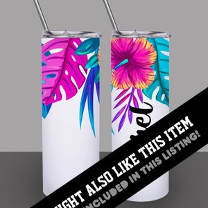 May include: Two stainless steel tumblers with lids and straws. One tumbler features a pink and blue tropical leaf design. The other tumbler features a pink hibiscus flower with yellow accents and blue tropical leaves. Both tumblers have a white background.