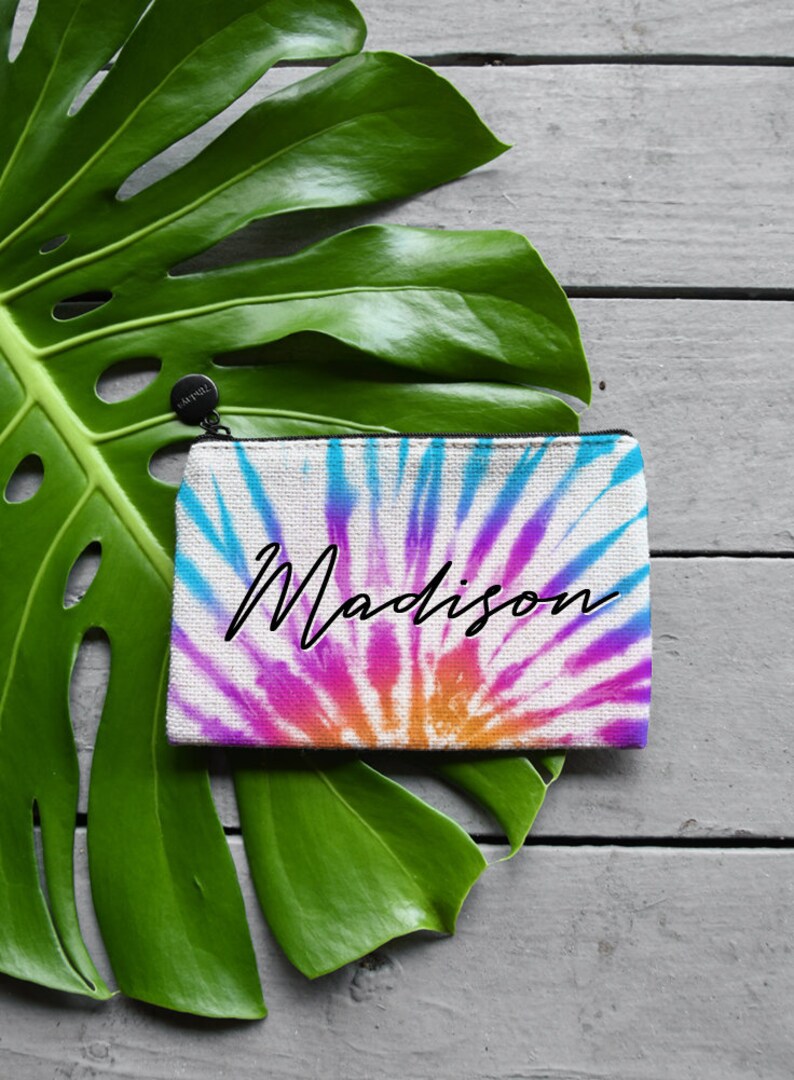 Tie Dye Custom Cosmetic Bag with Names Bridesmaid Bag, Personalized Makeup Bag, Coin Purse or Custom Jewelry Gift Bag,Custom Bridesmaid Gift image 1