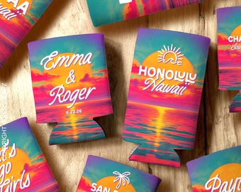 Coastal Beach Can Cooler: Custom Wedding and Bachelorette Favors