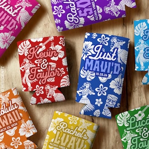 May include: A collection of colorful, personalized can coolers with Hawaiian-themed designs. Each cooler features text, floral patterns, and illustrations of hula dancers and tiki masks. Colors include red, blue, orange, yellow, green, and purple.