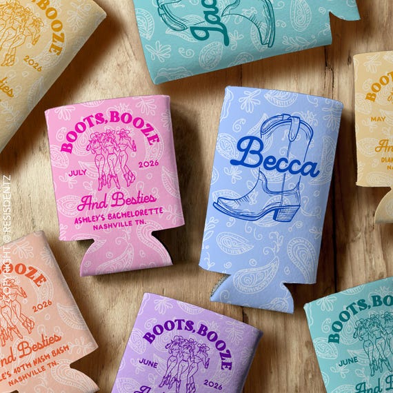 Boots Booze And Besties Bachelorette Cozie, Western Party Favor For Bride Squad, Custom Country Bash Drink Sleeve, Cowgirl Can Cooler