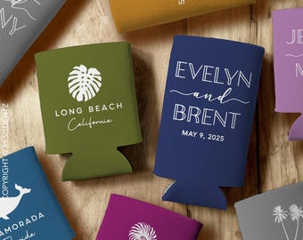 Coastal Wedding Favor Cozies - Beachy Personalized Can Coolers - Slim Seltzer Can Cooler and Standard Can Coolers - Personalized Party Favor
