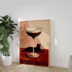 Cat Cocktail Espresso Martini Espresso Red Beige Digital Poster Print Cat Funny Poster Witty Black Cat