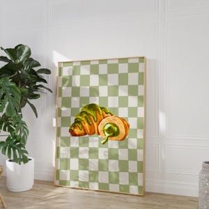 Impresión de croissant de pistacho, croissant de pistacho, póster digital, póster de croissant, tablero de cuadros verde pistacho, póster de cocina, cocina