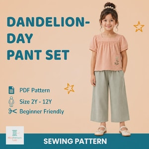 Puede incluir: Un patrón de costura titulado DANDELION-DAY PANT SET que incluye un patrón en PDF para tallas 2Y-12Y. La imagen muestra a un niño con una blusa de manga corta color melocotón con un bolsillo floral y pantalones anchos de color verde claro.