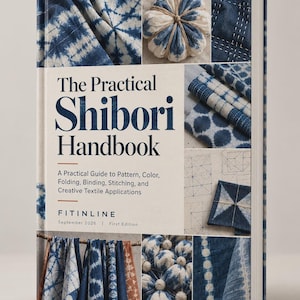 Könnte beinhalten: Ein gebundenes Buch mit dem Titel The Practical Shibori Handbook mit cremefarbenem Einband, das verschiedene blau-weiße Textilmuster, Nähtechniken und Stofffaltungen zeigt. Der Untertitel lautet A Practical Guide to Pattern, Color, Folding, Binding, Stitching, and Creative Textile Applications, herausgegeben von FITINLINE im September 2026.