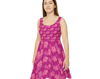 Pink Floral Skater Dress – Sleeveless Fit and Flare Dress for Women – Vibrant All-Over Print Casual A-Line Dress