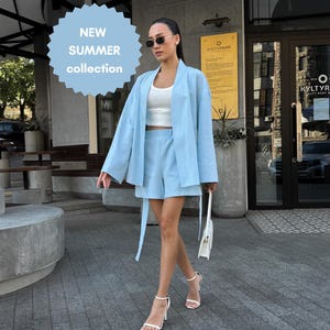 3 Piece Linen Set – Kimono, High-Waist Shorts & Crop Top – Lightweight Summer Co-ord for Beach, Travel Casual Days – Linen women outfit