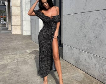 Soft Fabric Summer Dress for Women Adjustable Bust Ties Puff Sleeves Hidden Zipper Casual Flowy Midi Dress Trendy Lightweight Outfit