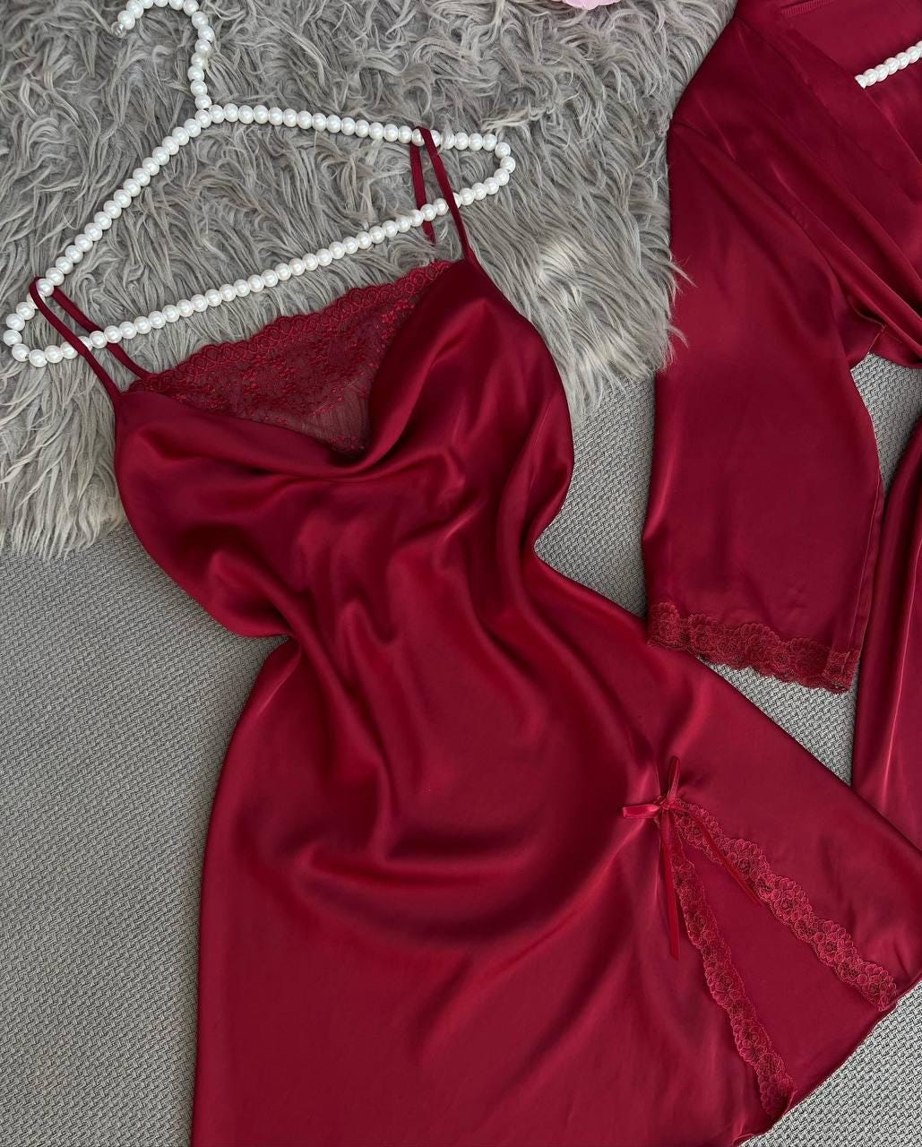 Pyjama Moelleux 3 Pièces Femme - Ensemble Lingerie Avec Peignoir Dentelle Florale