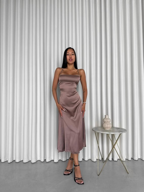 Satin Look Silk Slip Dress: Elegant Midi