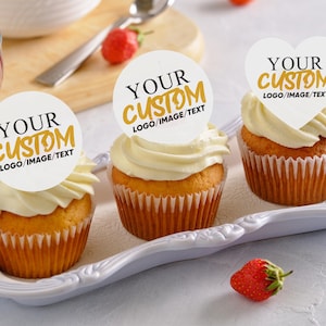 Personalized Logo/Text/Image Cupcake Toppers, Edible Cocktail Drink Toppers for Companies, Weddings and Birthdays, Holiday Party Decorations