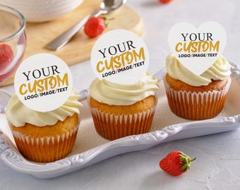Personalized Logo/Text/Image Cupcake Toppers, Edible Cocktail Drink Toppers for Companies, Weddings and Birthdays, Holiday Party Decorations