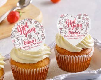 Adornos comestibles para cupcakes de Galentine, adorno personalizado para cóctel de chicas, adornos para bebidas de brunch de Galentine, recuerdos de San Valentín, decoración para fiestas